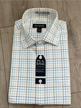 Jos. A. Bank White Dress Shirt with Blue & Yellow Windowpane